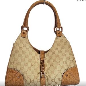 Gucci GG Canvas and Leather Nailhead Jackie Bardot Bag Tan 124407